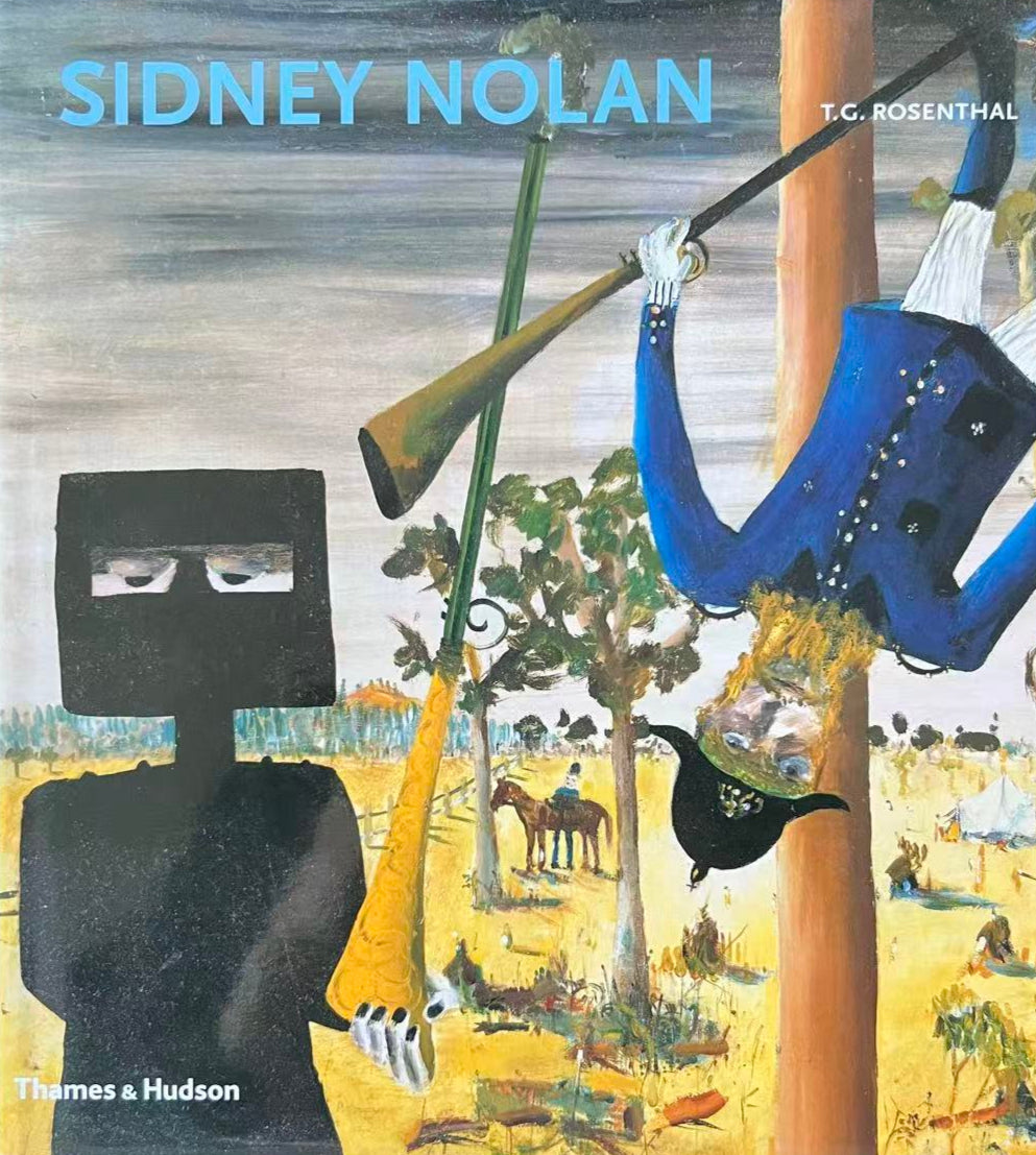 Book cover of 'Sidney Nolan' featuring artwork with a black figure, horn, and blue boots.