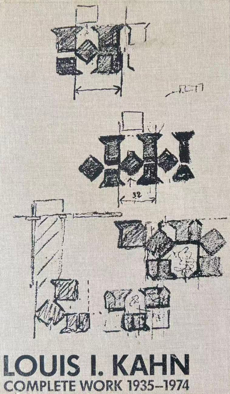 Book cover with architectural drawings and 'Louis I. Kahn Complete Work 1935-1974' text on a dark background