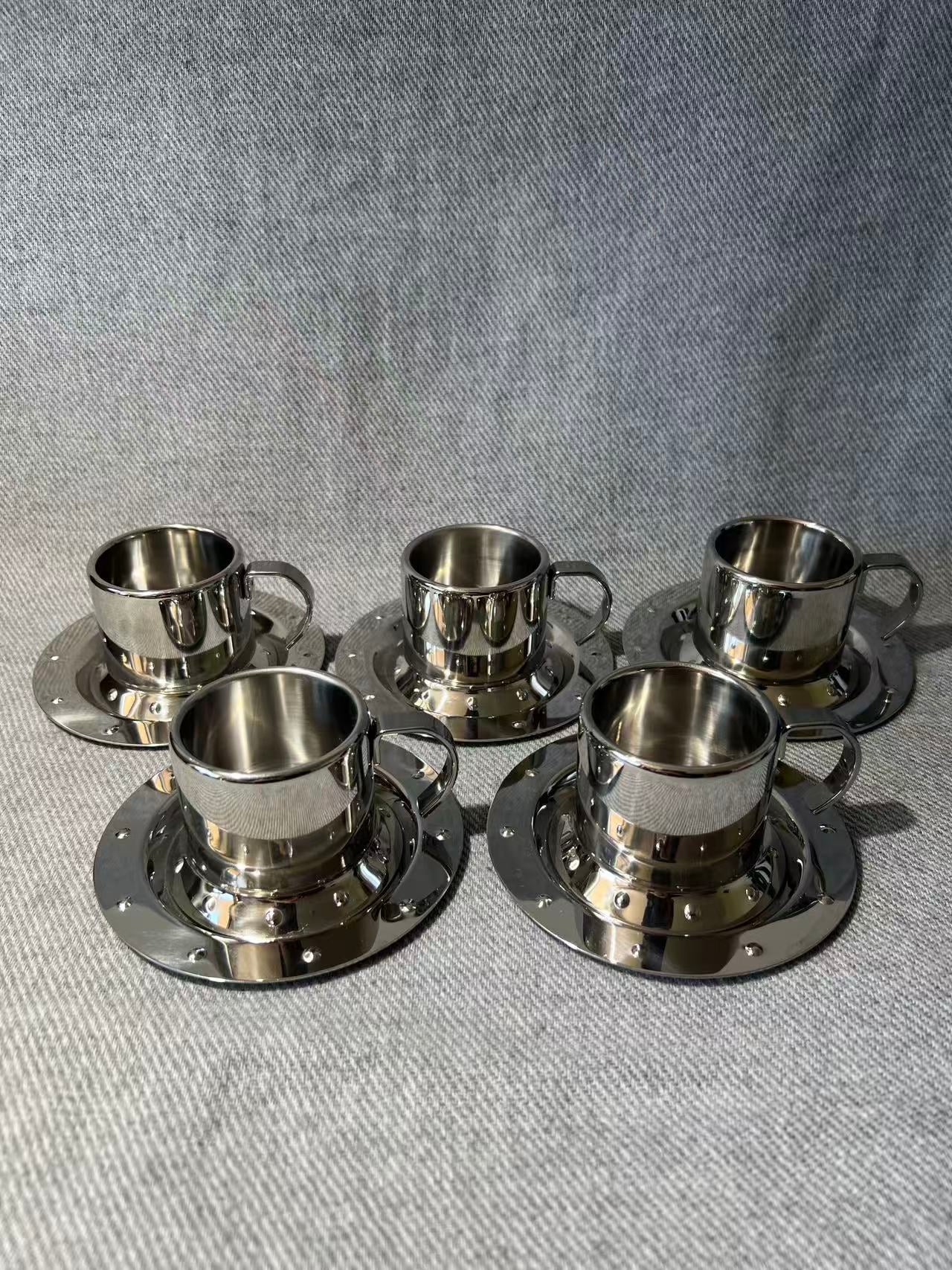 X009 - Vintage Meber Studded Stainless Steel Espresso Cup & Saucer x 5