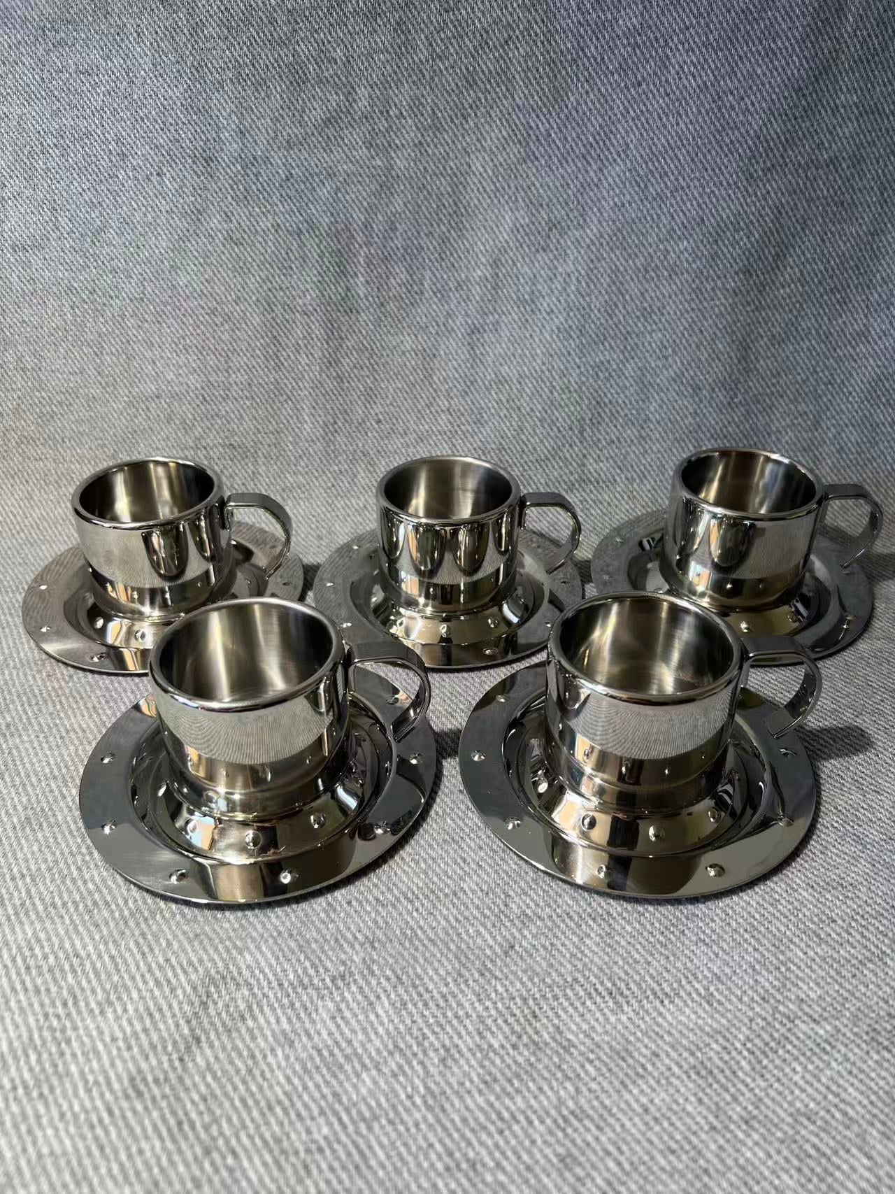 X009 - Vintage Meber Studded Stainless Steel Espresso Cup & Saucer x 5