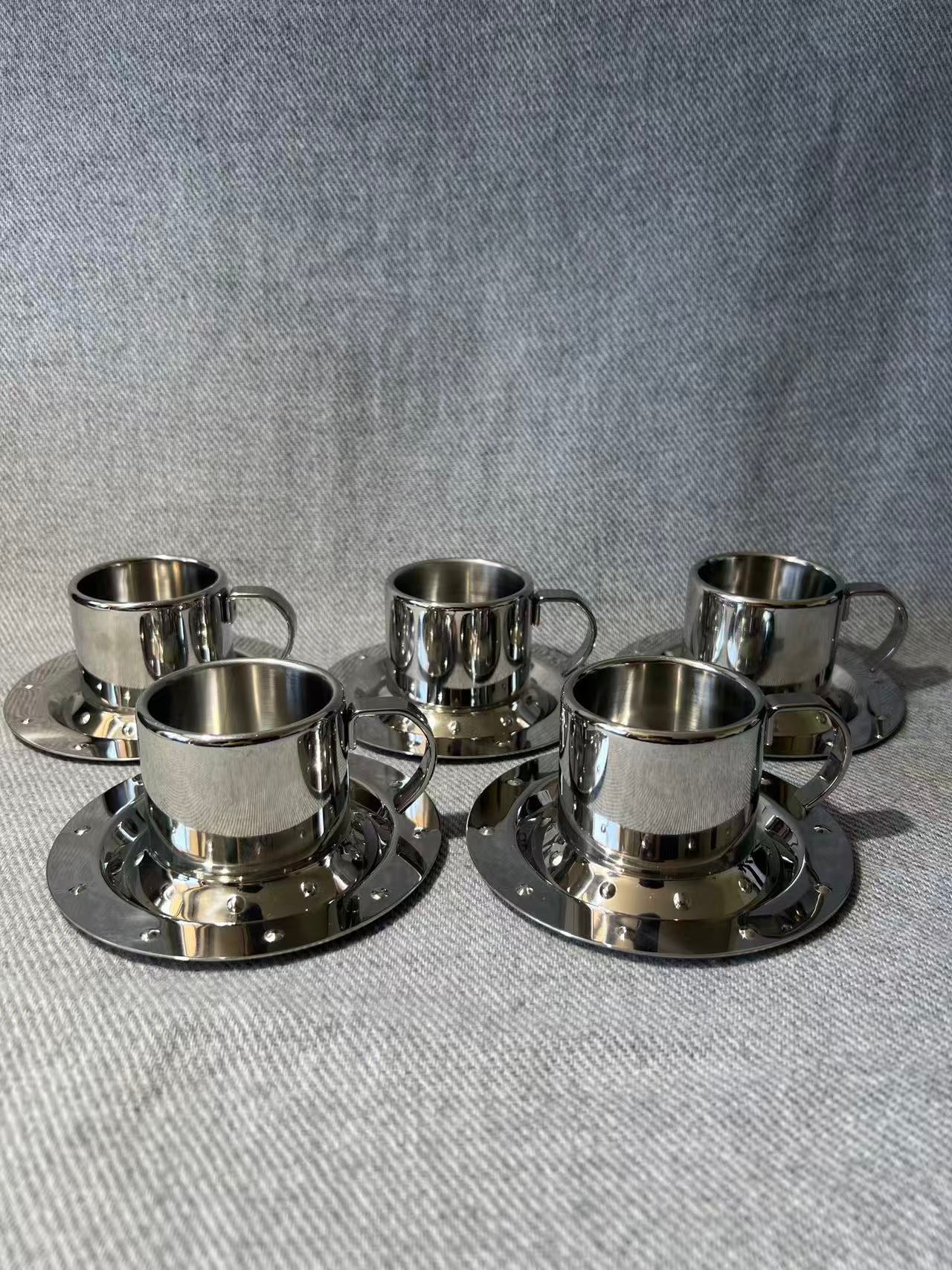 X009 - Vintage Meber Studded Stainless Steel Espresso Cup & Saucer x 5