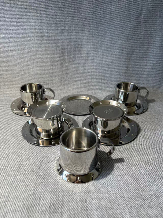 X009 - Vintage Meber Studded Stainless Steel Espresso Cup & Saucer x 5