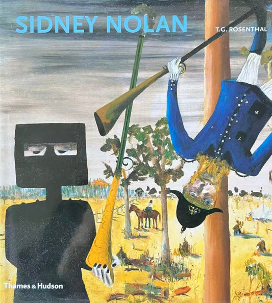 Book cover of 'Sidney Nolan' featuring artwork with a black figure, horn, and blue boots.