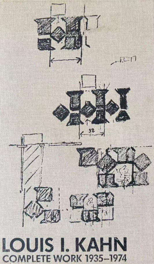 Book cover with architectural drawings and 'Louis I. Kahn Complete Work 1935-1974' text on a dark background