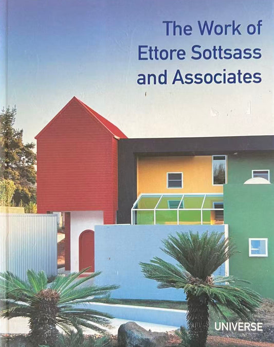 Book cover of 'The Work of Ettore Sottsass and Associates' with a colorful architectural design on a dark background.