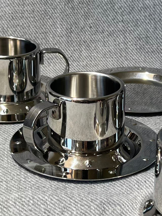 X009 - Vintage Meber Studded Stainless Steel Espresso Cup & Saucer x 5